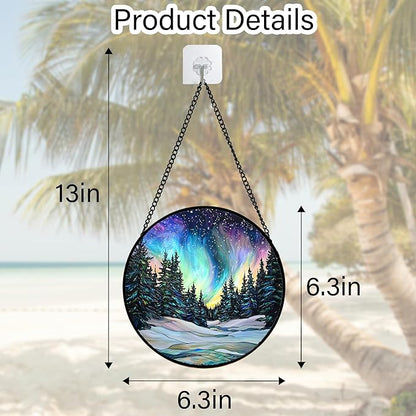 DASTOLL Stained Glass Window Hanging, Aurora Landscape Sun Catchers Glass Panel Green Trees Suncatcher Decor for Birthday for Women, Men, Wife, Aunt, and Mom 6.3 in