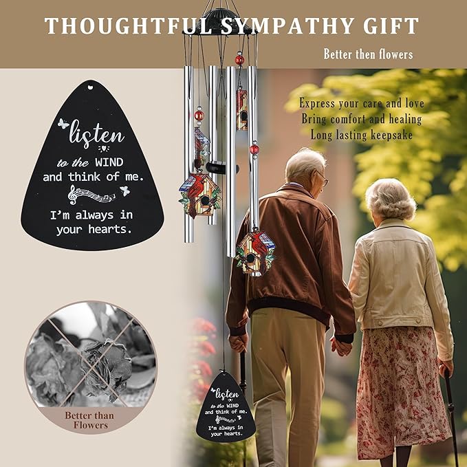 HDCRYSTALGIFTS 34'' Cardinal Wind Chimes for Outside Home Garden Decor Red Bird Memorial Wind Chimes for Loss of Loved One, Sympathy Windchimes Outdoors Cardinal Gifts for Women Mom Grandma Sisters