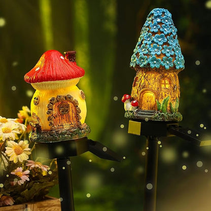 Rossesay 2 Pack Fairy Outdoor Garden Fairy House Mushroom Solar Light Home Statue LED Light for Spring Outside Garden Lawn Walkway Patio Yard Backyard Plant Decoration