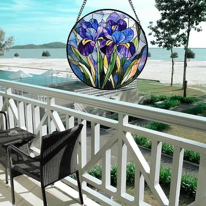 Stained Glass Window Hanging - Blue Purple Iris Flower Suncatcher for Door Garden Patio Sun Catchers Decor Christmas Mother's Day Birthday Gifts for Women Men Mom Nana Aunt Friend 6.3 in