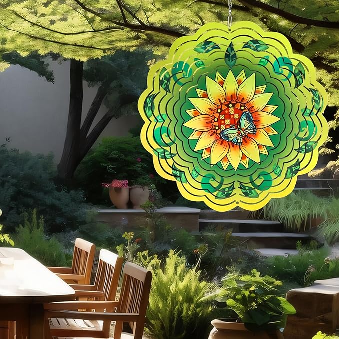Wind Spinner Mandala 12 inch 3D Stainless Steel Laser Cut Metal Art Geometric Pattern Hanging Wind Spinner (Sunflower)
