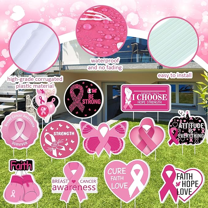 Amyhill 12 Pcs Breast Cancer Awareness Yard Signs for Outdoor Pink Ribbon Garden Lawn Signs Decoration with Stakes Waterproof Decor Gifts for Women Festive Holiday Party Patio Lawn Walkway Decoration