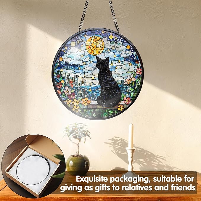 VAIIEYO Black Cat Sun Catcher Stained Glass Window Hanging Ornament, Handmade Sun Catcher Animal Decoration with Hooks for Window Garden Home, Christmas & Birthday Housewarming Gift (7.8 inch)