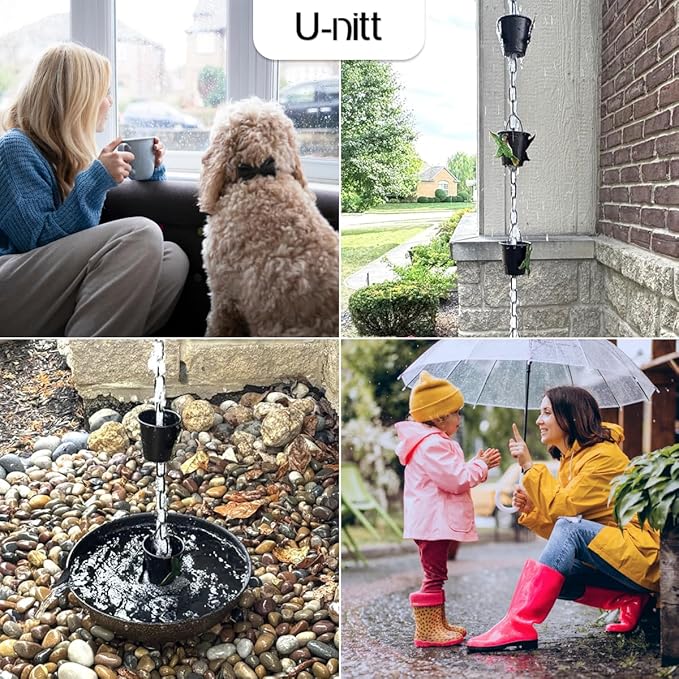 U-nitt Rain Chain Water Collection for Gutters Rainwater Catcher & Diverter, 8.5 FT Chains for Outside Garden, Bird Bucket Cups, Roof Downspout, Works with Heavy Rain, w/ Gutter Clip for Rainchains