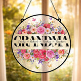 Personalized Grandma Floral Suncatcher, Custom Grandchildren Names Round Window Hanging, Stained Glass Style Flower Ornament, Mother’s Day Keepsake Decor for Grandma