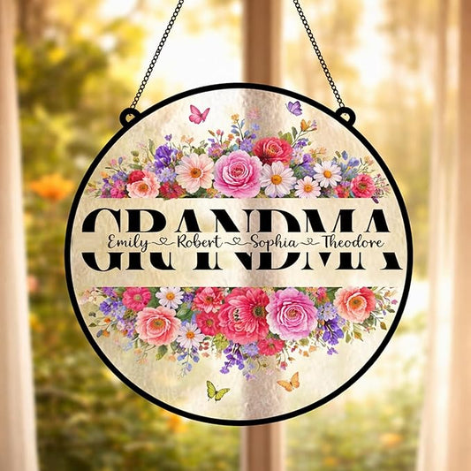Personalized Grandma Floral Suncatcher, Custom Grandchildren Names Round Window Hanging, Stained Glass Style Flower Ornament, Mother’s Day Keepsake Decor for Grandma