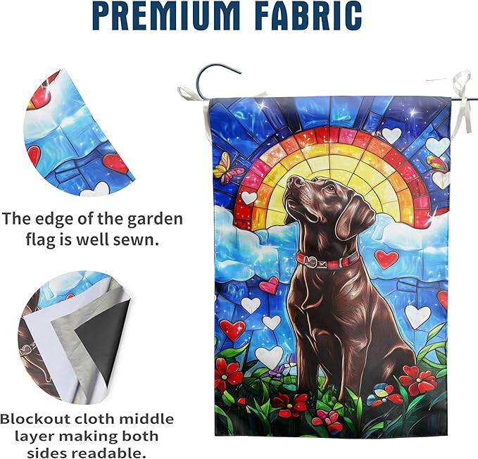 Stained Glass Chocolate Lab Garden Flag for Outside 12x18 Double Sided Rainbow Bridge Labrador Dog Bereavement Pet Sympathy Gift Memorial Yard Banner Small