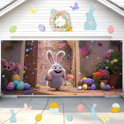 Easter Garage Door Banner Cover, Easter Bunny Colorful Eggs Spring Party Backdrop Decor, Garage Door Cover For Outdoor Yard Holiday Decoration (Cute Bunny)