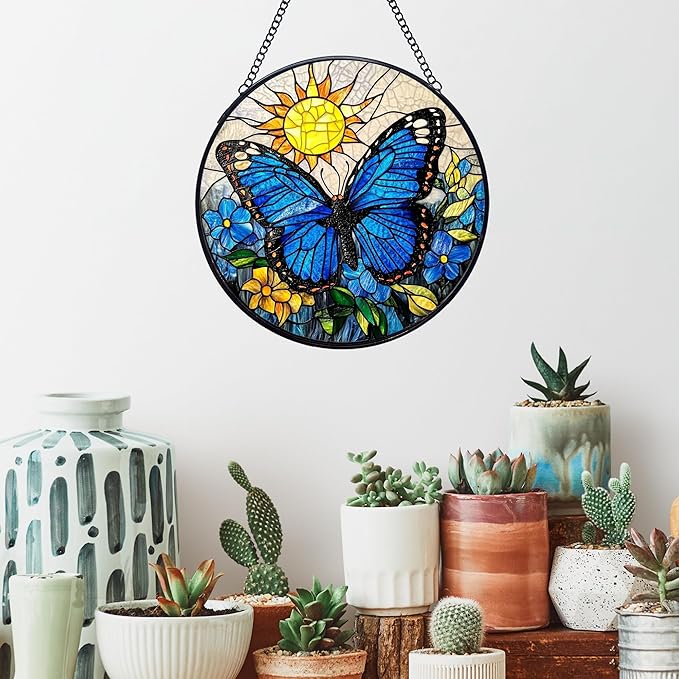 Butterfly Stained Glass Window Hanging Suncatchers, Blue Butterfly Flower Sun Catchers Indoor Window Glass Wall Art Decor, Nature Insect Floral Wall Hanging Decorations Sculptures, 7.9x7.9in