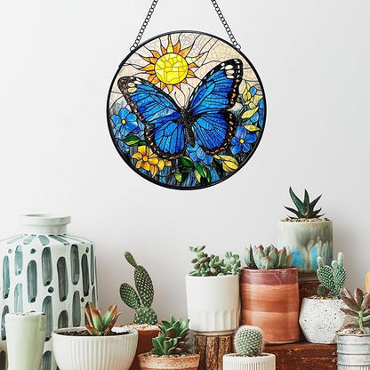 Butterfly Stained Glass Window Hanging Suncatchers, Blue Butterfly Flower Sun Catchers Indoor Window Glass Wall Art Decor, Nature Insect Floral Wall Hanging Decorations Sculptures, 7.9x7.9in