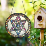 Star of David Suncatcher Stained Glass Window Hanging - 9.84inch Hand-Painted Sun Catcher Garden Hanging Decoration with Metal Chain Outdoor Garden Decor Gift for Women