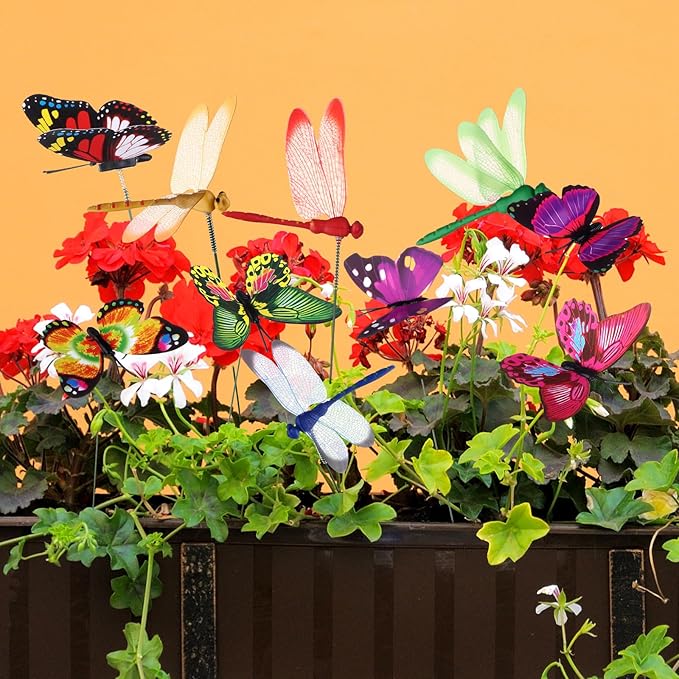 48 Pcs 3D Dragonfly Butterfly Garden Decor Dragon Fly Butterfly Garden Stakes with Sticks Colorful Butterflies Dragonflies Yard Art Ornaments for Indoor Outdoor Planter Pot Pathway Patio Decoration