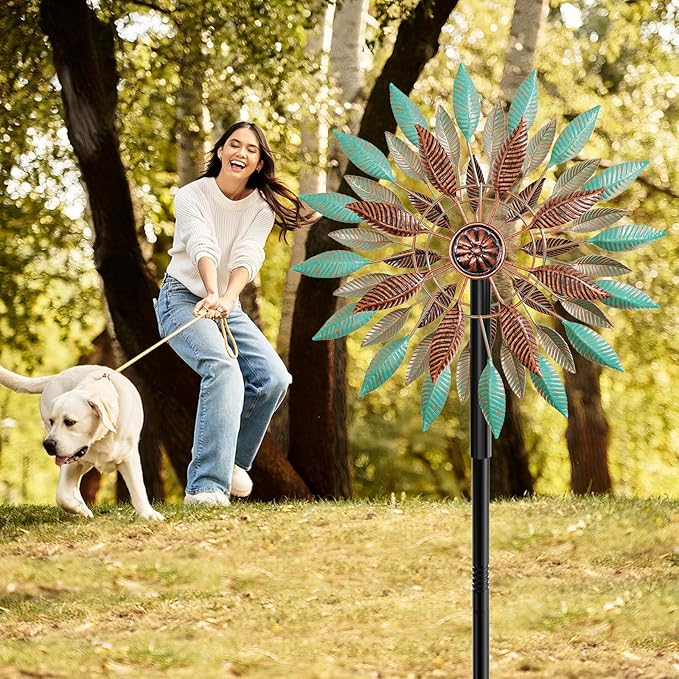 Wind Spinners Outdoor, 360° Metal Windmills for Yard Garden Art Decor, Kinetic Wind Sculptures with 5 Stake for Lawn Patio Outside Ornaments, 13.7" W x 64.3" H (Green+Brown)