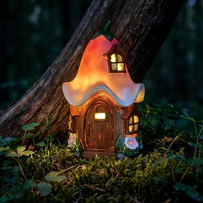 Solar Fairy Garden House, Whimsical Flower Cottage Fairy Figurines with Automatic Solar Lights, Hand-Painted Resin Garden Statue Unique Gift for Outdoor, Patio, Yard Art, Balcony, Porch Decor
