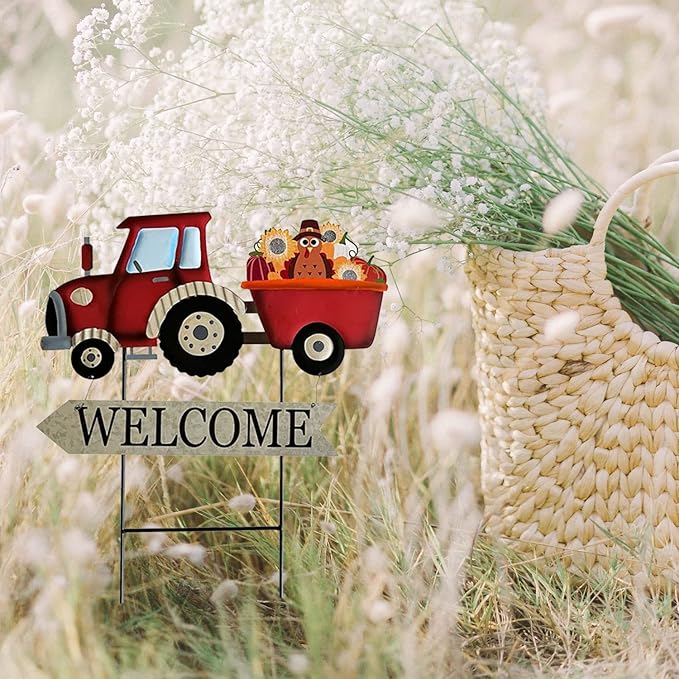 Metal Rustic Interchangeable Truck Yard Stakes with Seasonal Signs Decor for 4th of July Fall Harvest Christmas Winter Holidays Decoration-Set of 4