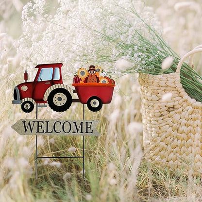 Metal Rustic Interchangeable Truck Yard Stakes with Seasonal Signs Decor for 4th of July Fall Harvest Christmas Winter Holidays Decoration-Set of 4