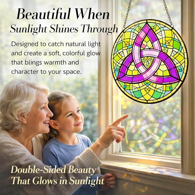 Celtic Trinity Knot Suncatcher Window Hanging, 7.8" Stained Glass Decor, Symbolic Gift for Mom, Grandma and Loved Ones, Irish Home Decor for Window, Wall, Living Room and Sunroom