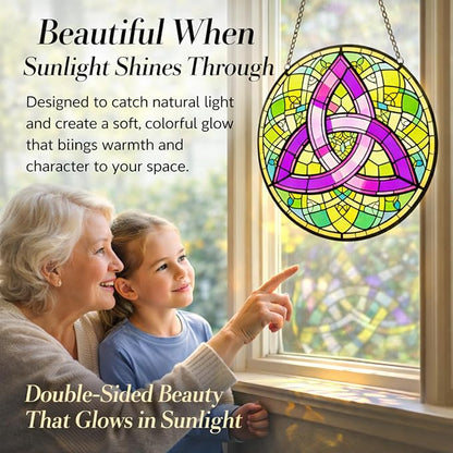 Celtic Trinity Knot Suncatcher Window Hanging, 7.8" Stained Glass Decor, Symbolic Gift for Mom, Grandma and Loved Ones, Irish Home Decor for Window, Wall, Living Room and Sunroom