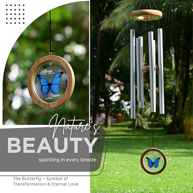 Wind Chimes for Outside, Wind Chimes Outdoor Clearance, Deep Tone Outdoors, Butterfly Wind Chime, Memorial, Sympathy Gift, Patio, Porch, Home Décor, Modern, Acrylic Art, Silver (34" Blue Butterfly)
