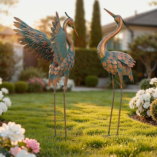 Extra-Large Metal Crane Statue, 36.8" Handcrafted Blue Heron Decor Sculptures with Stable U-Ground Stakes, Backyard Decoration, Metal Garden Bird Animal Yard Art, Lawn Ornament Decor