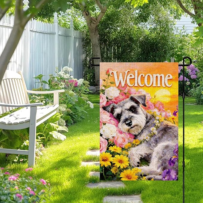 IVN Welcome Dog Garden Flag 12x18 Inch – Floral Puppy Spring Summer Outdoor Flag, Double Sided Burlap Yard Flag for Porch Lawn Patio Decor