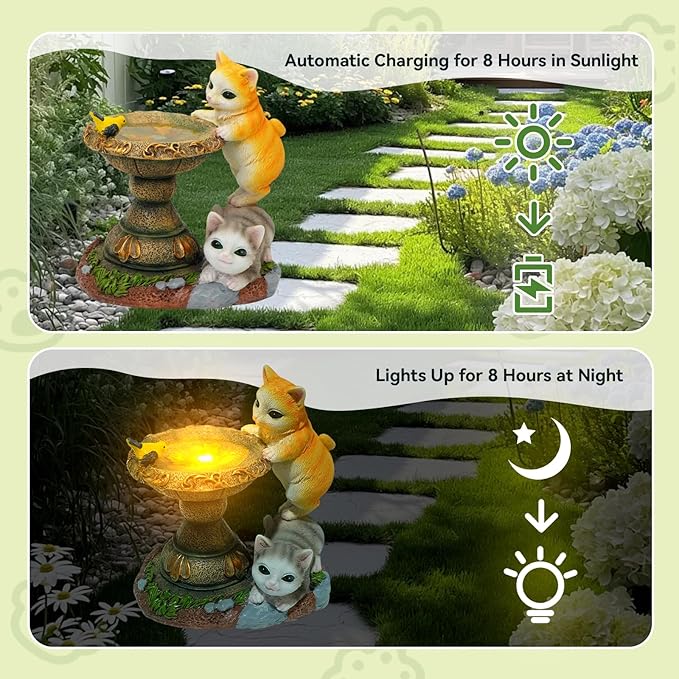 Solar Two Kittens Garden Statues with LED Lights, Outdoor Decor for Patio Yard Balcony - Unique Housewarming Birthday Gifts for Women Mom Grandma