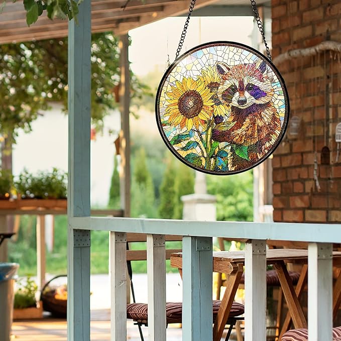 7.8 Inch Stained Glass Window Hanging Sunflower Raccoon Sun Catcher Indoor Window Door Wall Yard Home Decor Colorful Glass Panel Suncatcher Gifts for Women Men Mom Grandma