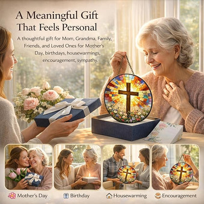 Christian Cross Suncatcher Window Hanging, 7.87" Stained Glass Mother’s Day Faith Gift for Mom Grandma, Radiant Cross Religious Decor for Window Prayer Room Sunroom Office
