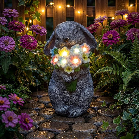 PETAFLOP Solar Powered Rabbit Garden Light, Bunny Holding Flower with Warm White LED, Outdoor Decor for Yard, Pathway, Lawn, Patio, Balcony