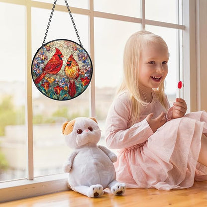 Cardinal Suncatchers Stained Glass Window Hanging, Cardinal Gifts for Women,Red Flower Sun Catchers Indoor Window Glass Round Wall Decor, 7.9x7.9in