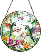 Suncatcher Stained Glass Window Hanging - Hummingbird Glass Panel with Metal Chain and Hooks Handmade Sun Catcher Decoration for Window Garden Home Christmas & Birthday Gifts (6.3 Inch)