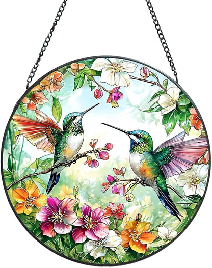 Suncatcher Stained Glass Window Hanging - Hummingbird Glass Panel with Metal Chain and Hooks Handmade Sun Catcher Decoration for Window Garden Home Christmas & Birthday Gifts (6.3 Inch)