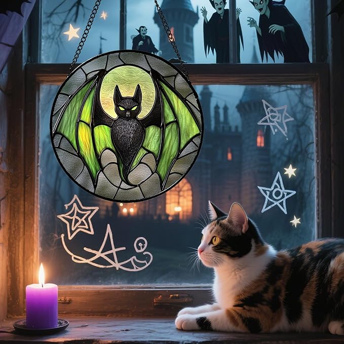 Stained Glass Window Hanging - Halloween Black Bat Green Wings Monster Suncatcher for Doors Garden Home Spooky Sun Catchers Gothic Decor Horror Gift for Women Men Friend Boy Girl 15 in