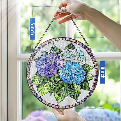 8-Inch Stained Glass Ornament, Stained Glass Window Hanging, Window Hanging Decor Suncatcher, Blue Hydrangea Ornament | Christmas, Mother's Day, Birthday | Gifts for Mom, Garden Gifts for Friends
