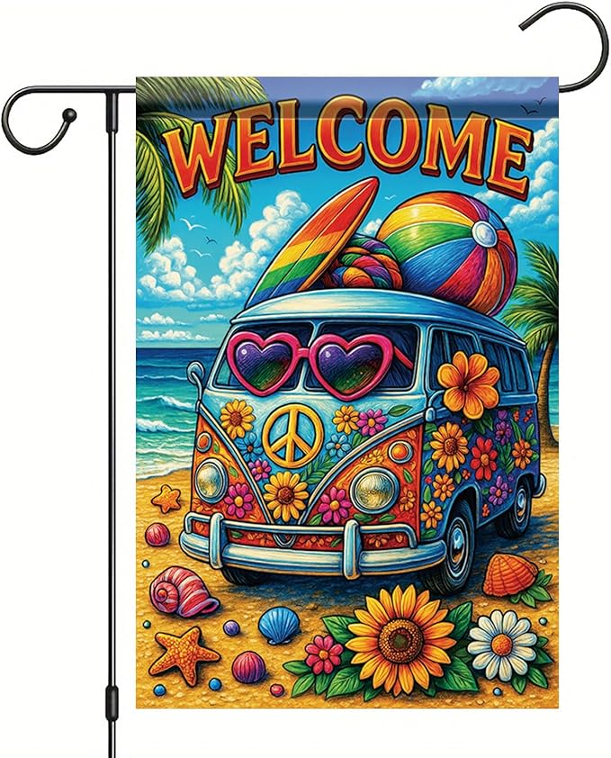 Summer Garden Flag 12x18 Inch Welcome Hippie Van Beach Surf Rainbow Peace Floral Design Outdoor Yard Porch Lawn Patio for Seasonal Coastal Boho Home Decor