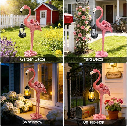 Flamingo Solar Garden Statue, 18.9 Inch Flamingo Figurine with Hanging Solar Lanterns, Outdoor Garden Decor Tropical Sculpture Statues for Patio Yard Porch, Birthday Gifts for Mom Women Mother's Day