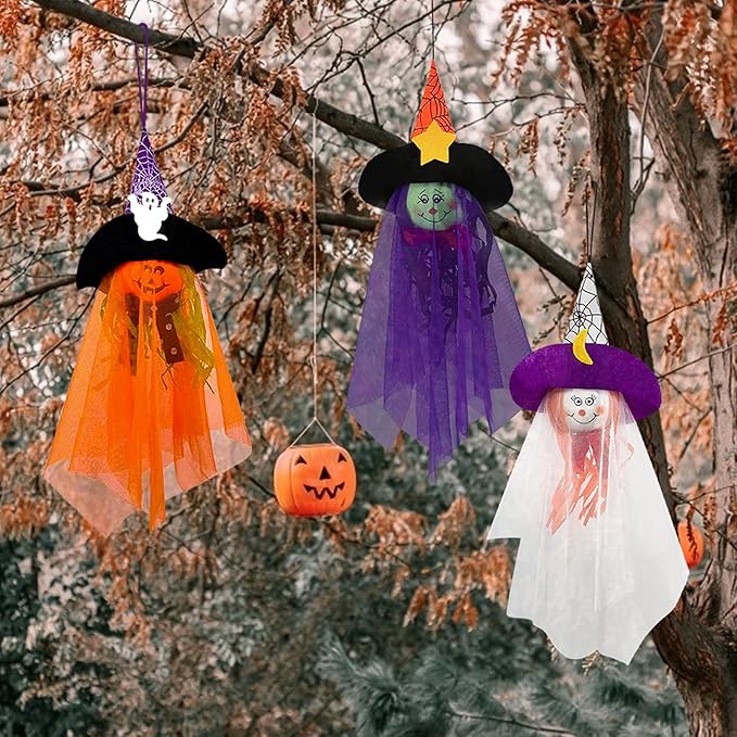 Halloween Hanging Ghost Decorations Outdoor, Pumpkin Witch Halloween Tree Ornaments, Cute Flying Ghost Straw Windsock Pendant Home Indoor Decor Yard Patio Lawn Garden Outside Kids Party Supplies 3PCS