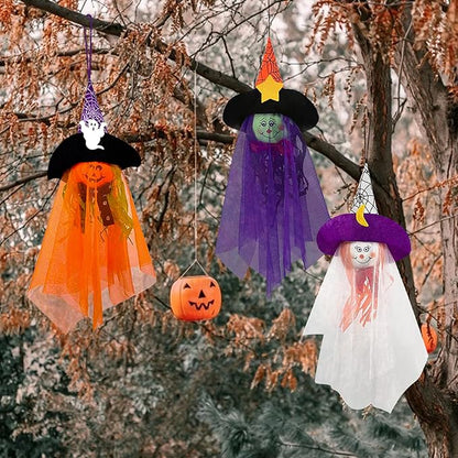 Halloween Hanging Ghost Decorations Outdoor, Pumpkin Witch Halloween Tree Ornaments, Cute Flying Ghost Straw Windsock Pendant Home Indoor Decor Yard Patio Lawn Garden Outside Kids Party Supplies 3PCS