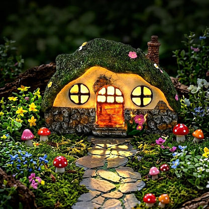 Solar Fairy Garden House, Outdoor Resin Statues, Outdoor Figurine Lights, Fairy Houses for Outside, Garden Statues House, for Patio, Yard, Balcony Decoration