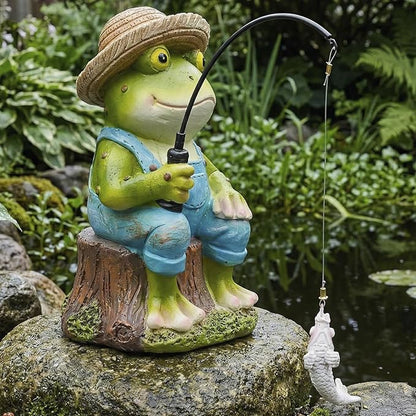 Elenon Fishing Frog Garden Statue, 9" Hat Frog with Pole Decor for Koi Pond Waterfalls, Adorable Flower Bed Outdoor Yard Patio Art Decorative Sculptures Table Ornament