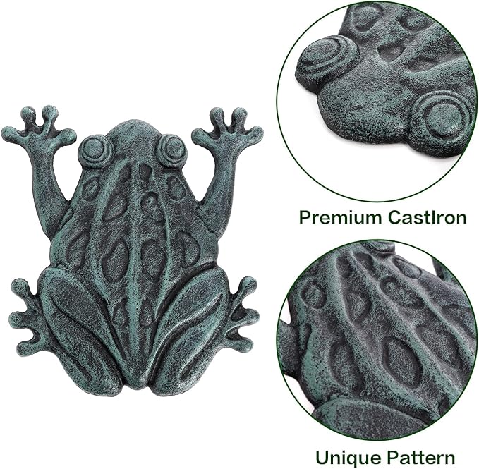 Lawei Cast Iron Frog Stepping Stone, Vintage Green Sturdy Outdoor Garden Statue, Unique Decorative Frog Flagstone Mat for Patio, Lawn, Yard, Garden Walkway, Non-Slip Entryway Rug, 12 x 10.6 in