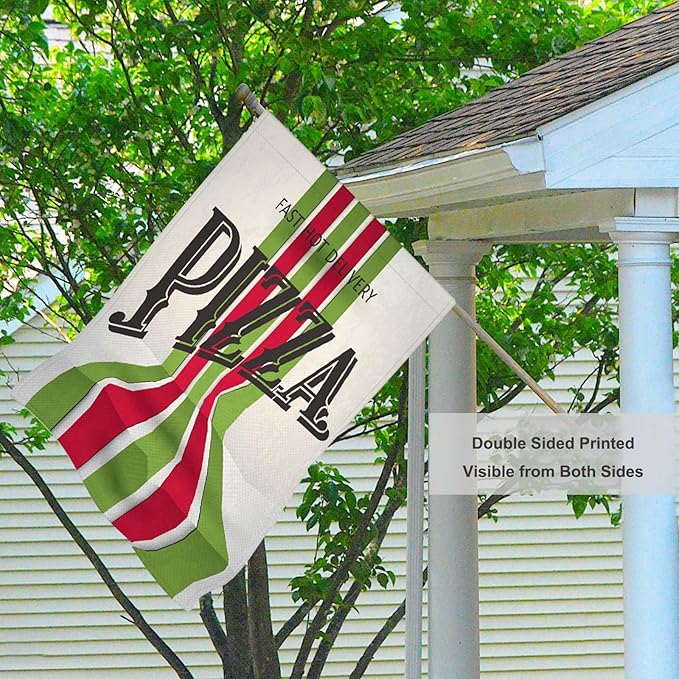Mugod Retro Pizza Decorative House Flag Double Sided 28 x 40, Italian Food Red Green Striped Large Burlap Outdoor Flag Garden Yard Outside Decoration