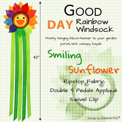 emma kites Smiling Sunflower Rainbow Windsock Hanging Décor Outdoor Windsock for Garden Backyard Balcony Porch Campsite Tent Awing Festival Party Decoration 42-INCH