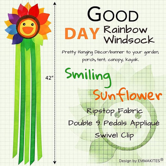 emma kites Smiling Sunflower Rainbow Windsock Hanging Décor Outdoor Windsock for Garden Backyard Balcony Porch Campsite Tent Awing Festival Party Decoration 42-INCH