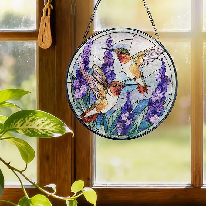 Hummingbird Stained Glass Window Hanging, Hummingbirds Suncatchers Gift for Mom Grandma, Flowers Birds Sun Catchers Indoor Window Round Glass Wall Art Hanging Decorations, 7.9x7.9in