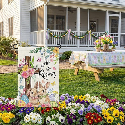 CROWNED BEAUTY Easter Garden Flag He is Risen Cross Bunnies 12x18 Inch Double Sided Floral Holiday Decoration for Outdoor Lawn Yard