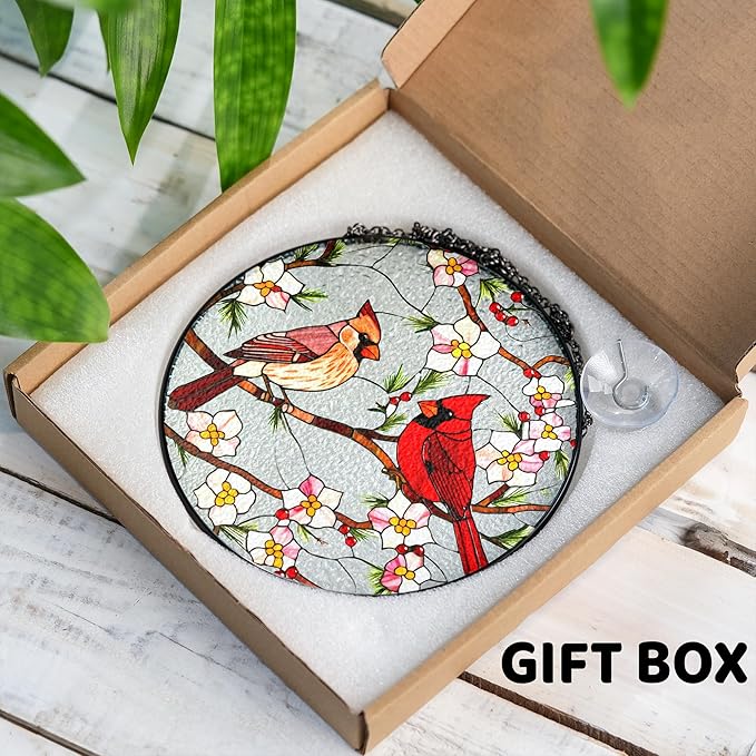 7.8" Cardinal Stained Glass Suncatcher, Cardinal Bird Suncatcher Crystal Window Hanging, Sun Catcher Red Birds for Window, Cardinals Gifts for Women, Mom Gift for Mothers Day, Bird Decor Memorial Gift