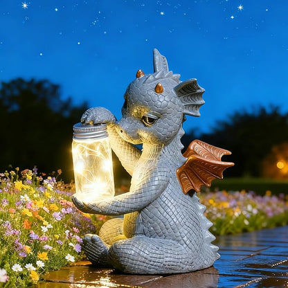 DiliComing Solar Dragon Garden Statues - Cute Dragon Baby Holding a Solar Jar, Outdoor Lawn Décor for Garden Yard, Balcony and Home, for Women