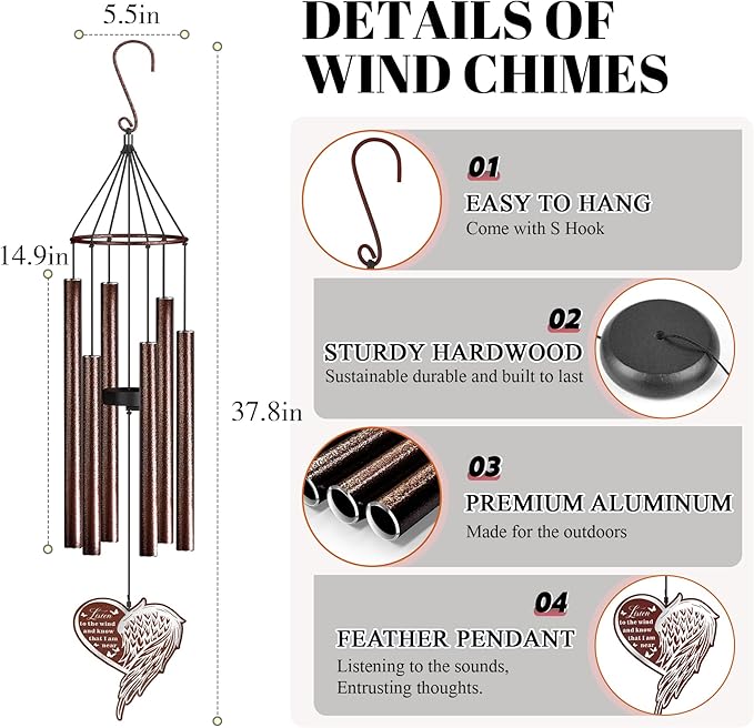 Indoor/Outdoor Memorial Wind Chime — A Heartfelt Gift for Retirement, Friendship, New Home, Thanks & Remembrance | Tunable Low-Pitch Tubes, 37.4 Inches | Ideal for Balcony, Garden, or Patio