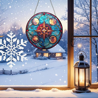 Acrylic Window Hanging,Compass Star Stained Window Hanging Decor Colorful Ornament,Stained Two-Sided Panel Hangings Decoration,Suncatcher for Garden Kitchen Living Room